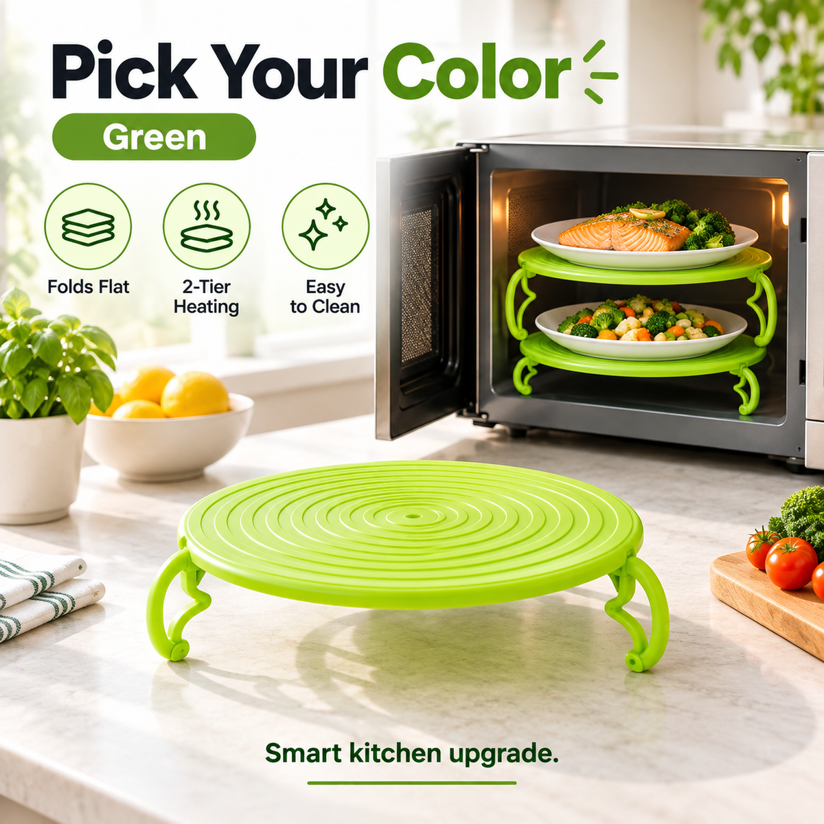 π’TWO PLATES. ONE CYCLE. MORE WAYS TO USE IT. Use it as a 2-tier microwave rack, then bring it to the table as a convenient plate mat.